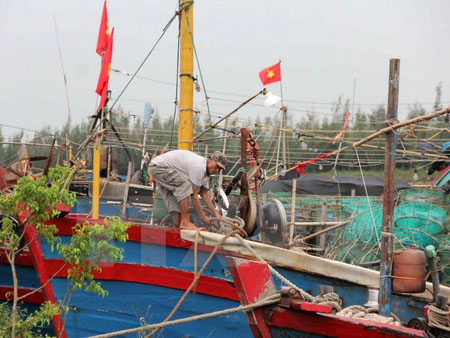 Ngư dân xã Nam Thịnh, huyện Tiền Hải, Thái Bình đang cột lại thuyền chắc chắn để phòng chống bão số 3.